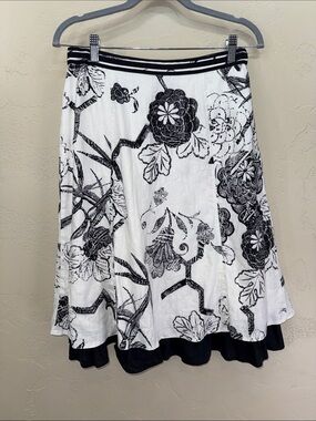 Knit Chic 100% Linen Black & White Floral A-Line Skirt Cottagecore Minimalist‎ 6